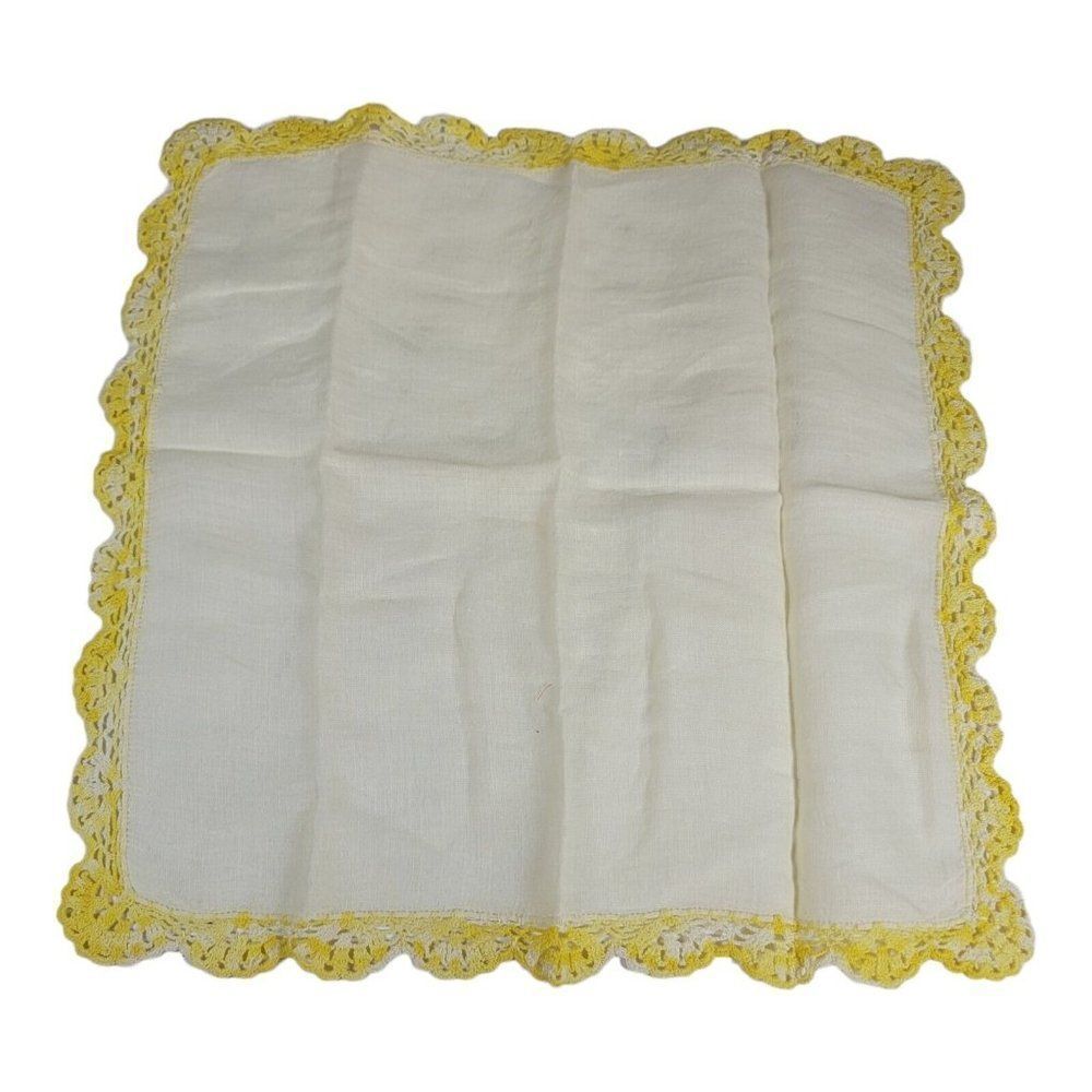 VTG Ruffled Yellow Hand Crochet Victorian Handkerchief Scalloped Edges 12” Scarf